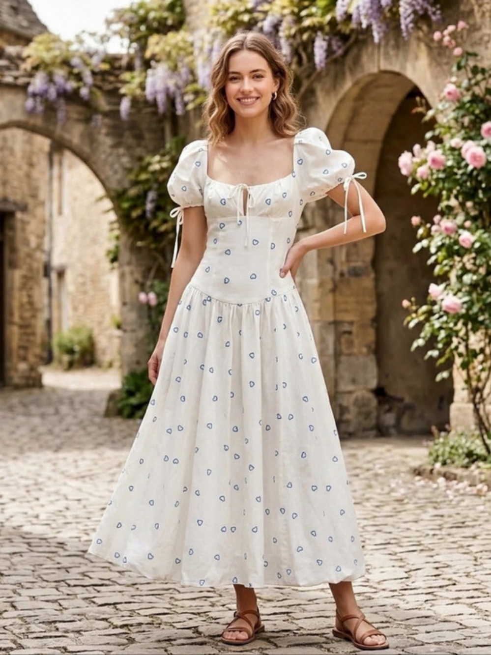 NWT Free People Bali Sprinkled Heart Puff Sleeve Bubble Hem Maxi Dress